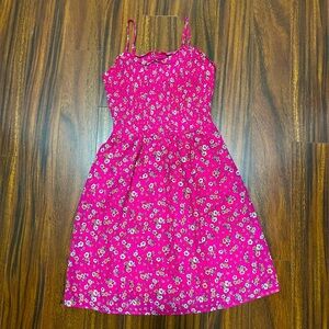 Women’s small sleeveless floral print smocked dress, bright pink